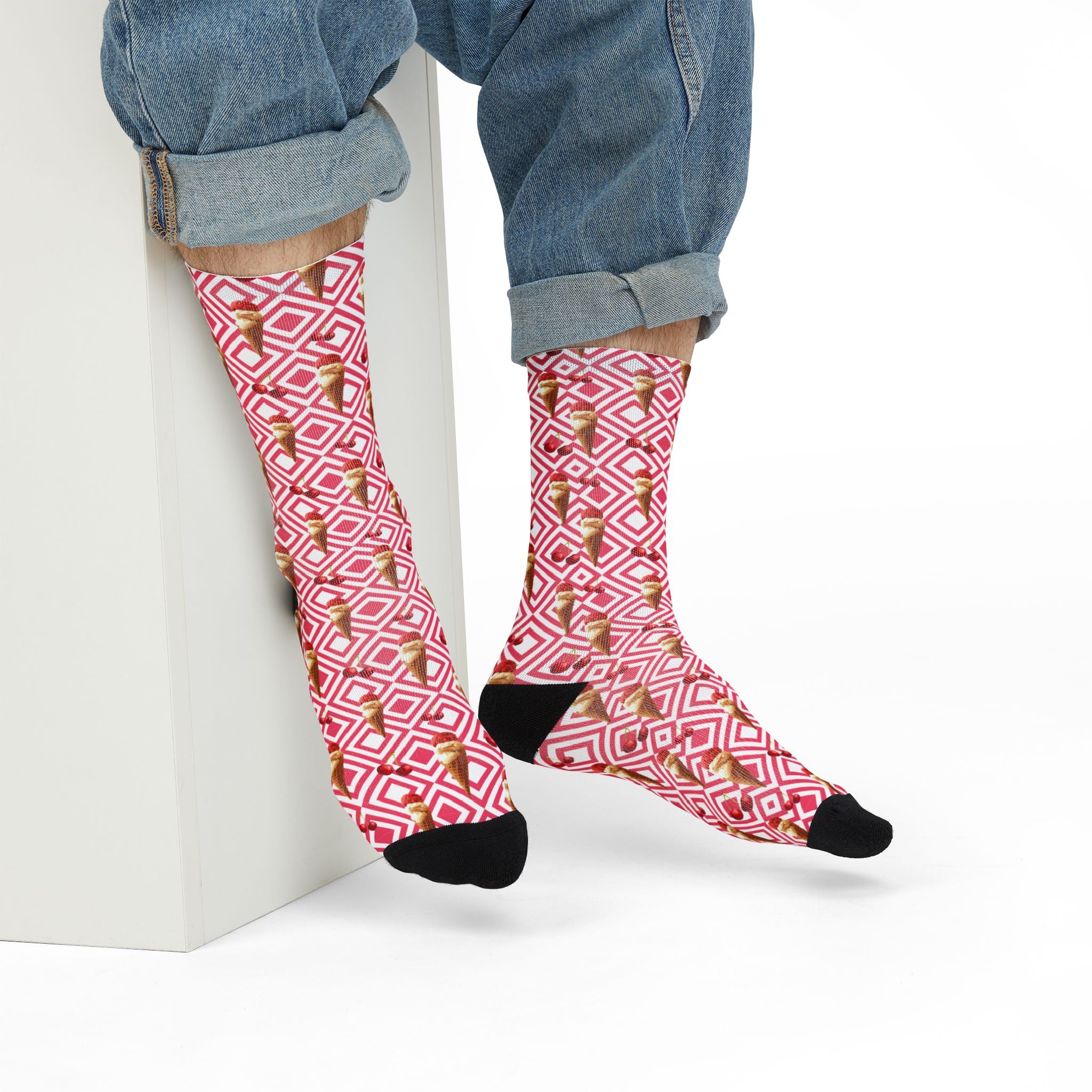 Pink Geometric Floral Crew Socks
