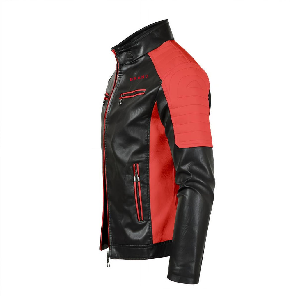 Cafecito Men's Stand-up Collar Block Slim-fit Leather Jacket (DTF)