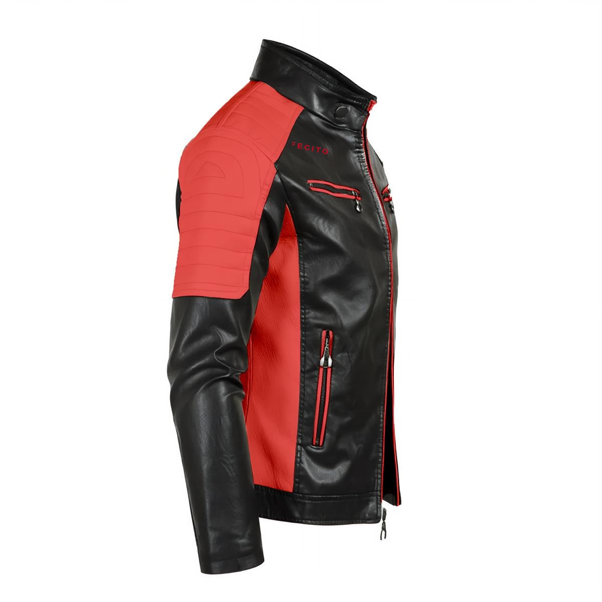 Cafecito Men's Stand-up Collar Block Slim-fit Leather Jacket (DTF)